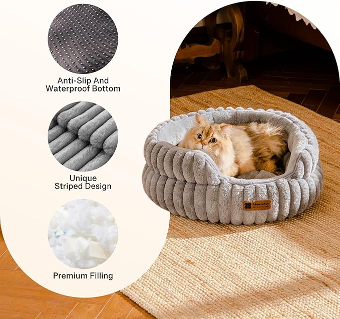 MEWOOFUN Washable Small Dog Bed, Cat Beds for Indoor Cats with Anti-Slip Bottom, Round Pet Bed for Puppy and Kitten (Grey, 24"x24"x9")-Mewly Pet