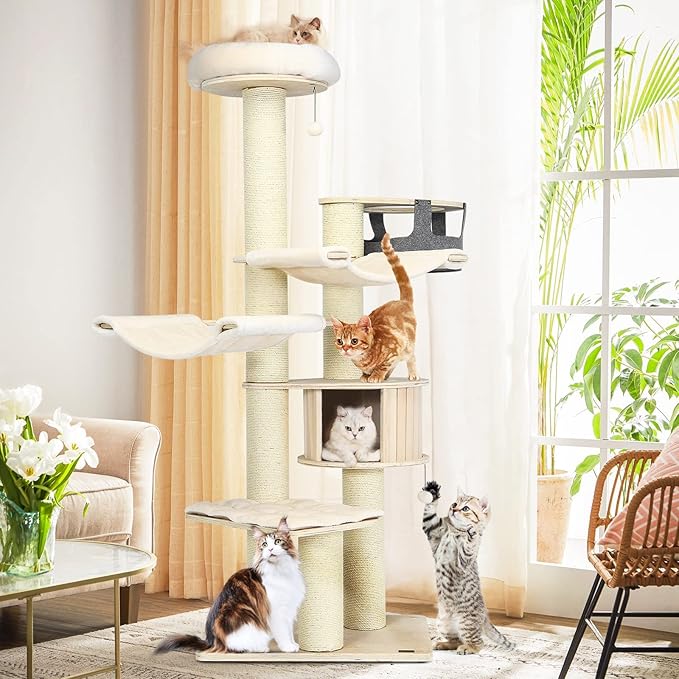 Tangkula Large Cat Tree, Multi-Level Tall Cat Tower with Sisal Scratching Posts, Hammocks, Hanging Basket, Cat Condo and Removable Washable Cushions, Modern Wood Cat Tree for Indoor Cats Large Adult-Mewly Pet
