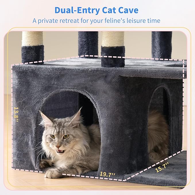Heybly Heavy Duty Cat Tree, 71-Inch Tall Tower for Large Maine Coon with Extra-Large Baseboard, Cat Condo Furniture with Multi-Level Platforms, 2 Hammocks and 12 Scratching Posts, Smoky Gray HCT037G-Mewly Pet