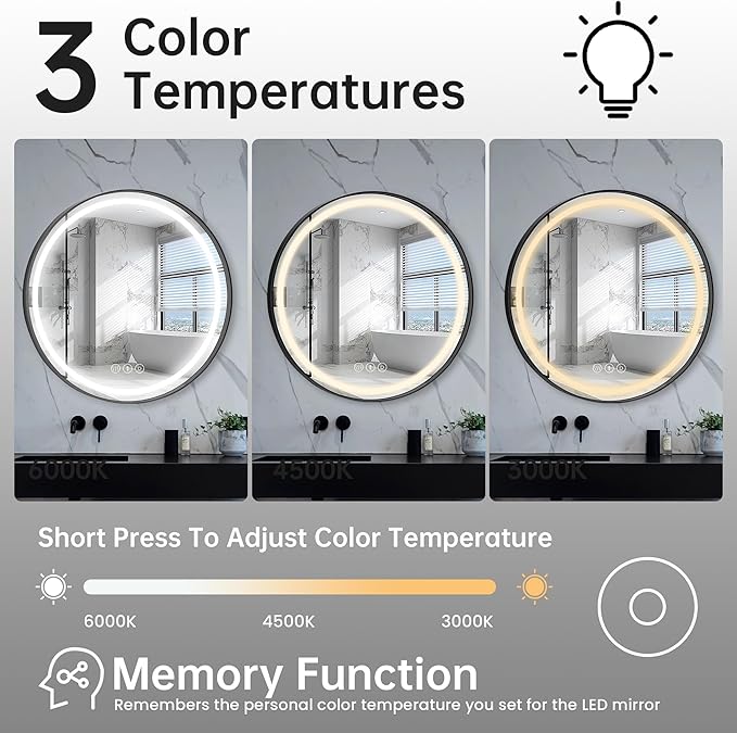 32 Inch Round Led Mirror, Bathroom Mirror with Lights, Black Metal Framed Frontlit Circle Mirrors for Wall with Anti-Fog, Memory Function, 3 Color Temperature, Dimmable Makeup Mirror