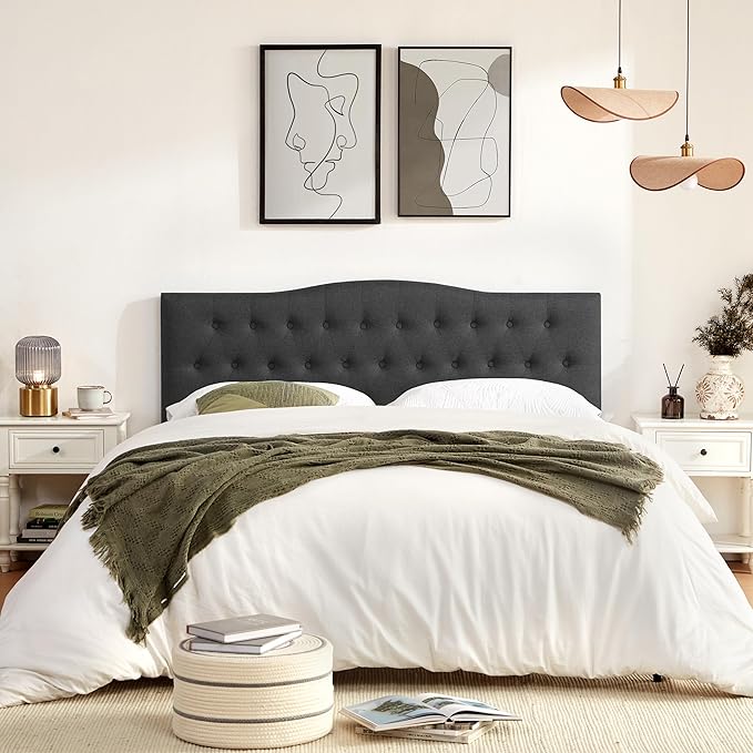 Tufted Upholstered Headboard Queen Size, Sturdy and Durable Solid Wood Bed headboard, Fabric Headboard Adjustable Height from 37” to 51”, Modern Button Diamond Design Head Board, Black