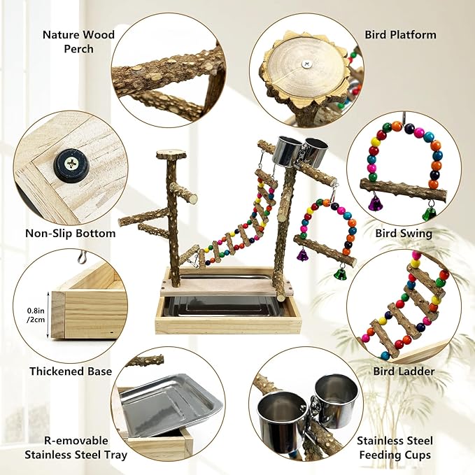Tfwadmx Bird Playground Natural Wood Bird Play Stands Parrot Perch Stand with Removable Tray Climb Ladders Swing Chewing Toys for Lovebirds Cockatiels Budgies-Mewly Pet