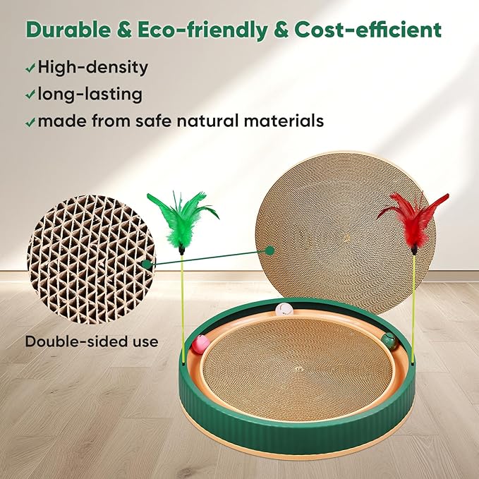 20-Inch Round Cat Scratcher with Ball Track – 3-in-1 Cardboard Scratching Pad with Feather Toy & Non-Slip Base – Interactive Cat Toy for Indoor Cats, Kittens & Large Cats (Green)-Mewly Pet