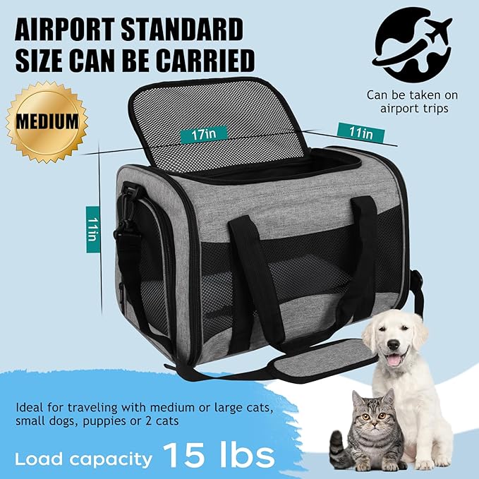 Carriers Soft-Sided Pet Carrier Case for Small Medium Cats Dogs Puppy Under 15 lbs,Airline Approved Cat Carrier with 4 Ventilated Windows (Medium,Grey&Black)-Mewly Pet