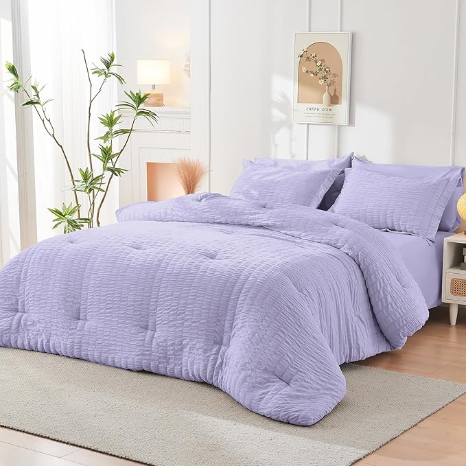HYMOKEGE Light Purple Twin Comforter Set Seersucker 5 Pieces, All Season Luxury Bed in a Bag for Bedroom, Bedding Set with Comforter, Sheets, Pillowcase & Sham