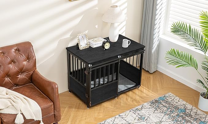 KOOPRO 40 Inch Dog Crate Furniture with Cushion for Small Medium Dogs, Wooden Heavy Duty Dog Kennel with Double Doors, Decorative Pet House Dog Cage Side End Table Indoor, Sliding Door Chew-Resistant-Mewly Pet