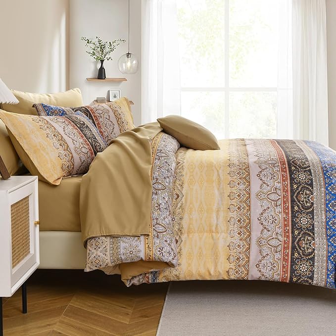 Boho Queen Comforter Set 8 Pieces, Yellow Bohemian Striped Bed in a Bag, Paisley Soft Microfiber Bedding Comforter Set