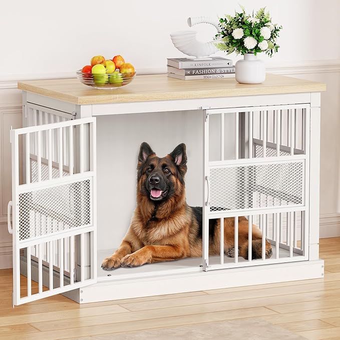 VOPEAK 46" Dog Crate Furniture, Chew Resistant Large Dog Crate for Medium Large Dogs, Heavy Duty XL Dog Crates Dog Kennel Cage Indoor with Double Doors, End Table for Bedroom Living Room, White-Mewly Pet