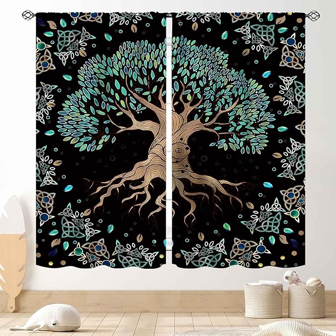 Tree of Life Curtains, Hippie Green Leaves Tree Life Vikings Celtic Nordic Aesthetic Mythology Window Drapery Treatments for Bedroom Living Room Bathroom 2 Panels, 55"x63" Inch