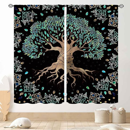 Tree of Life Curtains, Hippie Green Leaves Tree Life Vikings Celtic Nordic Aesthetic Mythology Window Drapery Treatments for Bedroom Living Room Bathroom 2 Panels, 55"x63" Inch