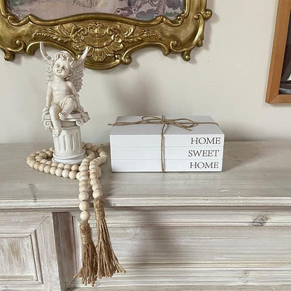Decorative Books for Home Decor, White Faux Books for Decoration, Rustic Farmhouse Stacked Display Books with 52in Wood Bead Garland for Coffee Tables Living Room, (Home Sweet Home)