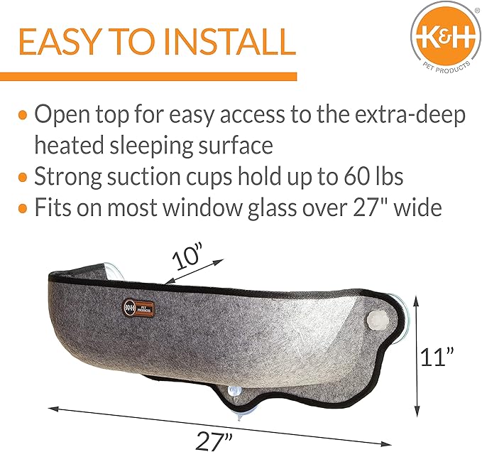 K&H Pet Products EZ Mount Thermo-Kitty Window Bed Extra-Deep Gray 27 X 10 X 11 Inches-Mewly Pet
