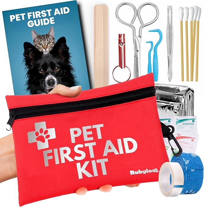Dog First Aid Kit for Hiking & Travel - Vet Approved Emergency Supplies - Pet First Aid Kit Guide, Tick Remover, Thermal Blanket & More - Compact Dog Hiking Gear for Camping, Hunting, Backpacking-Mewly Pet