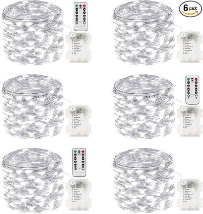 6 Pack 100 LED Fairy Lights Battery Operated with Remote, 33FT Waterproof Twinkle Lights with Timer & 8 Modes, Fairy String Light Outdoor Indoor for Bedroom Classroom DIY Christmas Decor (Cool White)