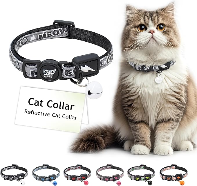DOCO Cat Collar (Neck Girth - 3/8" x 7.5-12", Weight Upto - 13lb) Reflective Cat Collar with Bell, Breakaway Safety Buckle, Adjustable Nylon Strap for Kittens & Adult Cats (Black)-Mewly Pet