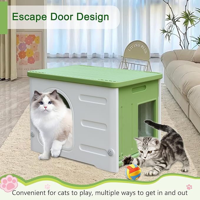 Rockever Plastic Cat House Outdoor with Escape Door, Waterproof Feral Cat House Outdoor Indoor, Sturdy Cat House for Outdoor Cats with Cat Bed Mat, Assemble Easily-Green-Mewly Pet