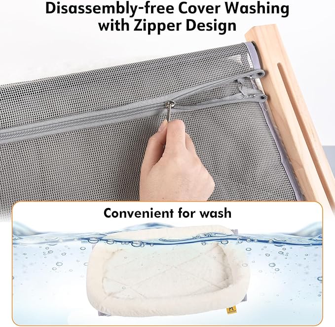 AMOSIJOY Cat Sill Window Perch Sturdy Hammock Seat with Cushion Bed Cover, Wood & Metal Frame for Large Cats, Easy to Adjust Windowsill, Bedside, Drawer and Cabinet (L)-Mewly Pet