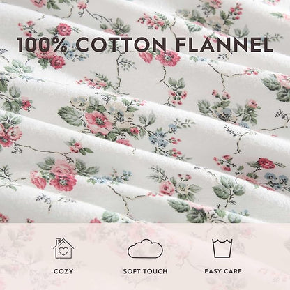Laura Ashley - Flannel Sheets King Size, Anti-Pilling & Wrinkle Resistant Cotton, Touchably Soft for All-Season Comfort - Bed Sheets with Matching Pillowcases & Fitted Sheet (Le Fleur Pink)