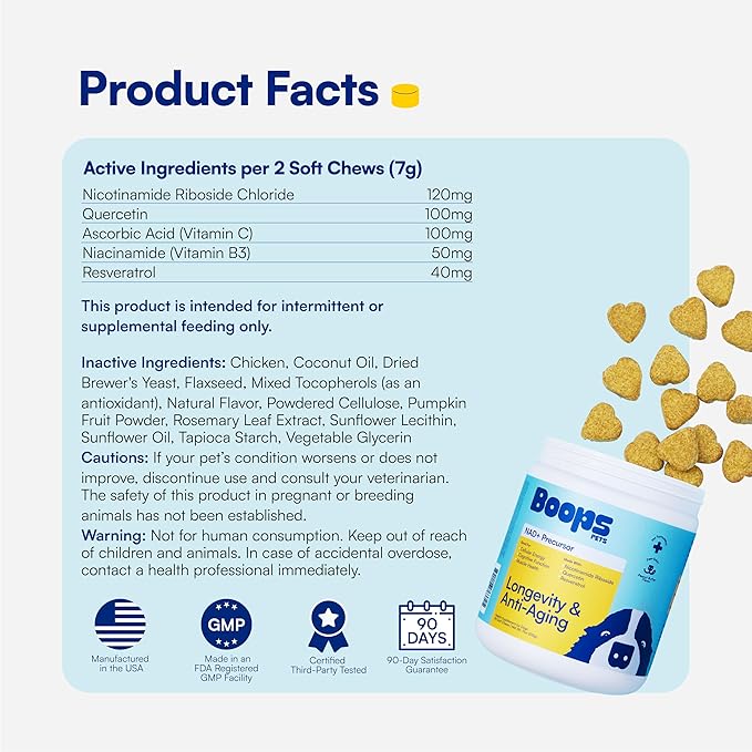 NAD+ Precursor & Senior Dog Supplement - 90 Soft Chews & Vitamins - NMN Alternative for Longevity, Anti-Aging & Energy - Nicotinamide Riboside, Resveratrol, Quercetin, Made with Pasture-Raised Chicken-Mewly Pet