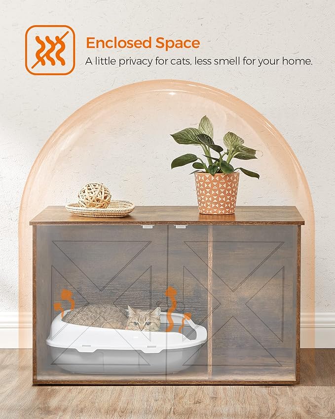 Feandrea Cat Litter Box Enclosure, Litter Box Furniture Hidden with Removable Divider, Indoor Cat House, End Table, 31.5 x 20.9 x 19.7 Inches, Rustic Brown UPCL002X01-Mewly Pet