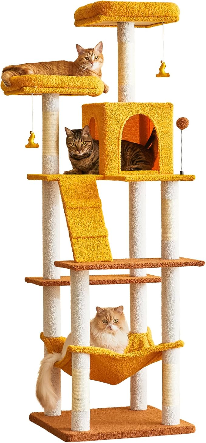 MWPO Cat Tree, 70.1-Inch Tall Cat Tower for Indoor Cats Large Adult, Multi-Level Cat Condo with 5 Scratching Posts, 2 Padded Perches, Hammock, Dangling Toys, Yellow-Mewly Pet