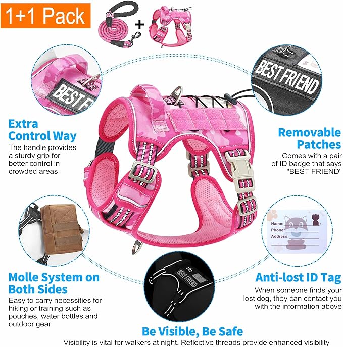 Heavy Duty Tactical Dog Harness for Small Dogs, No Pull Adjustable Pet Harness Reflective Service Training Easy Control Pet Vest Military K9 Working Dog Harnesses- Small, Pink Camo-Mewly Pet