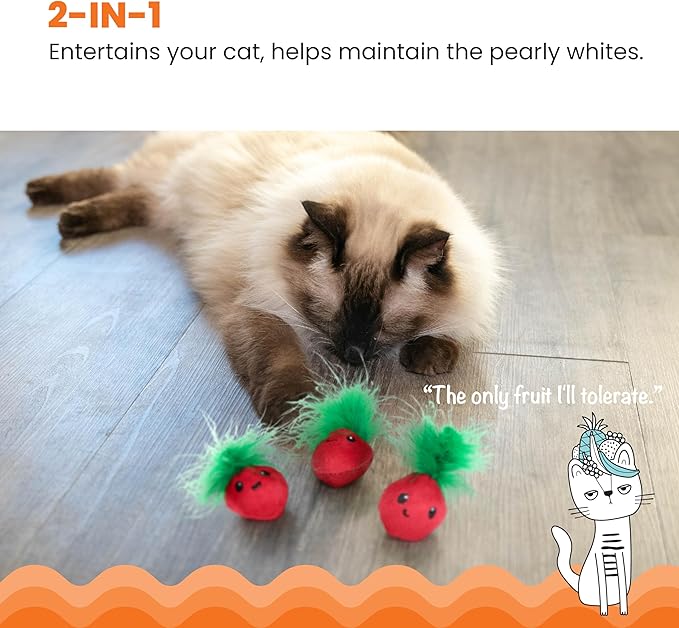 Catstages Strawbabies 3-Pack Catnip Cat Toys for Dental Health, Feather & Crinkle Teething Toys for Kittens and Indoor Cats, Interactive Play, Pink-Mewly Pet