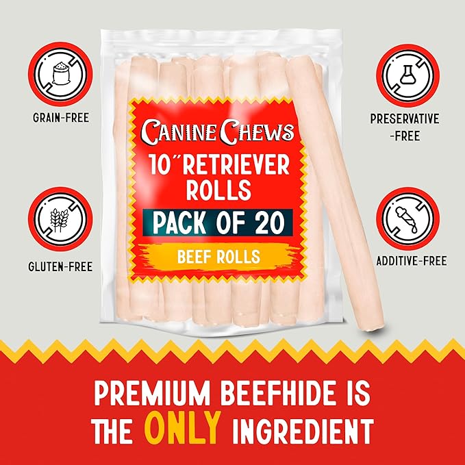 Canine Chews 10" Dog Rawhide Retriever Rolls - Bones for Large Dogs (20 Pack) - 100% USA-Sourced Natural Beef - Single Ingredient - Healthy Dental Chew-Mewly Pet