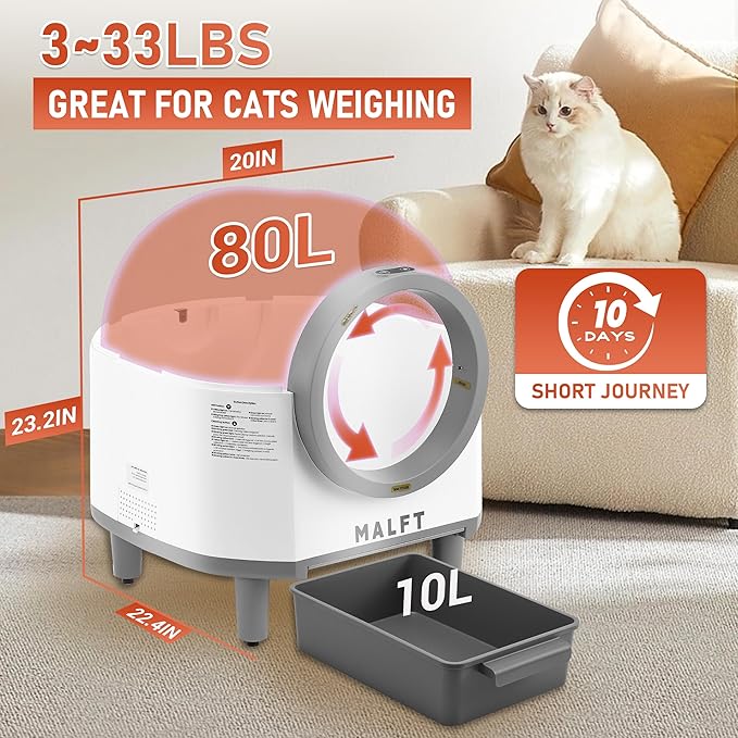 Automatic Cat Litter Box 90L –Self-Cleaning Cat Litter Box, Smart APP Monitoring, Safety Sensors, Low-Noise Cleaning, Large Capacity for Multiple Cats (Includes Mat & Waste Bags)-Mewly Pet