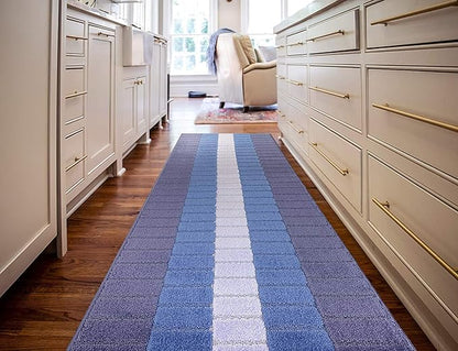 Custom Size Coastal Nautical Style Runner Rug Carpet for Hallway Entryway, Slip Resistant Latex Rubber Backed, 31 inch Wide X Customized Length, Squares Blue, 31 inch X 20 feet