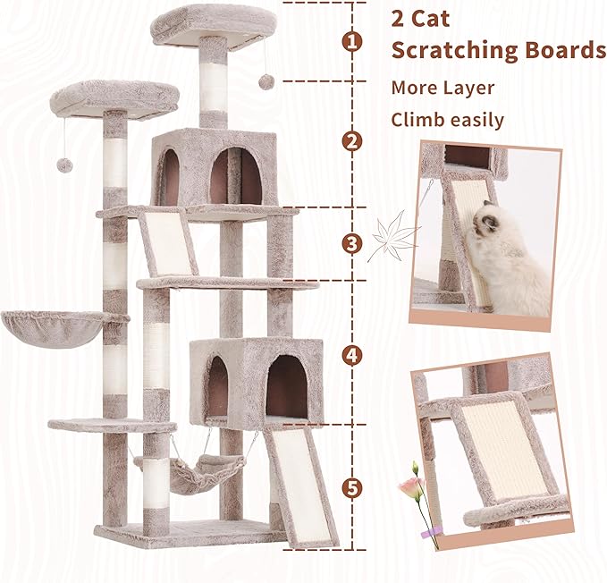 Cat Tree for Indoor Cats, 71'' (180cm) Multi-Level Cat Tower for Large Adult, Sturdy Cat Tree House with 2 Scratching Boards 7 Posts, 2 Plush Perches/Condos, Hammock, Muchroom GCT032MU-Mewly Pet