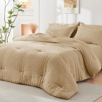 HYMOKEGE Khaki Twin XL Comforter Set Seersucker 5 Pieces, All Season Luxury Bed in a Bag for Bedroom, Bedding Set with Comforter, Sheets, Pillowcase & Sham