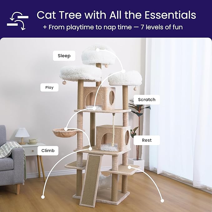 Catry 74.5" High 7-Level Extra Large Cat Tree with 2 Condos,2 Hammock,3 Washable Top Beds, Scratching Ramp Pad, Replaceable Scratching Posts, for Multi-Cat Homes (Light Brown &White)-Mewly Pet
