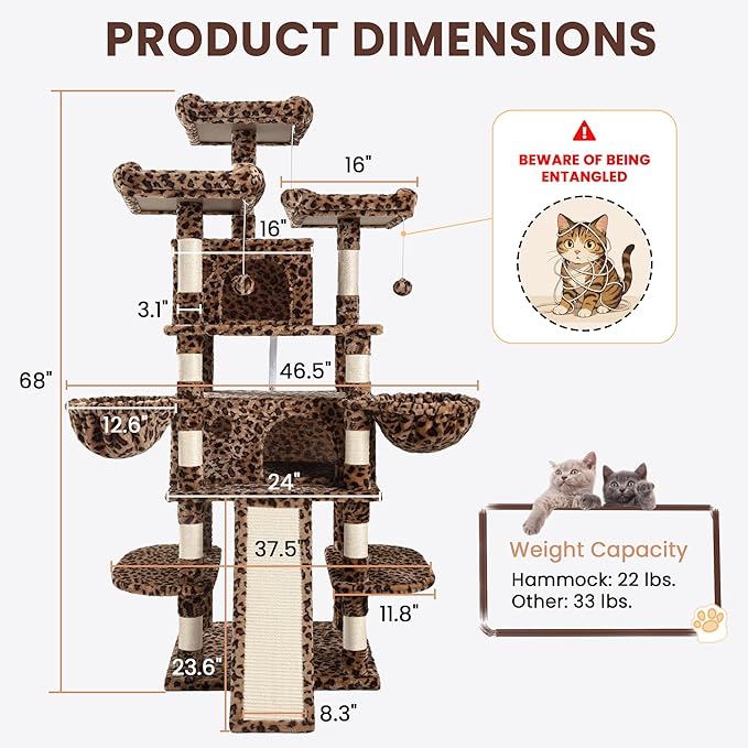 SHA CERLIN 68 Inches Multi-Level Large Cat Tree for Large Kitties/Big Cat Tower with Condo/Cozy Plush ‌Pussycat Perches/Sisal Scratching Posts and Hammocks/Activity Center/Leopard Print-Mewly Pet