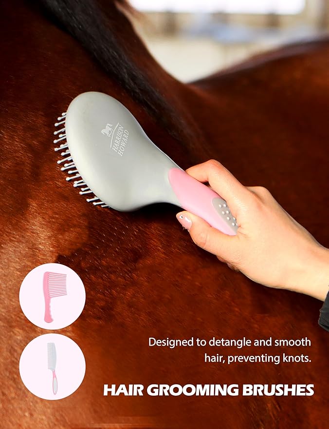 Harrison Howard Horse Grooming Kit 11-Piece Equine Care Series Horse Brush Sets with Organizer Tote Bag Tack Room Supplies Shedding Grooming Massaging Tools Pink Brushstroke Ponies-Mewly Pet