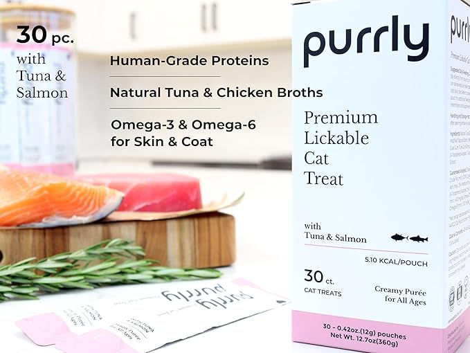 Purrly Squeezable Cat Treats Wet Healthy Interactive Hydrating Human-Grade Tuna & Salmon with Omega-3 & 6 for Skin & Coat (30 Count) Lickable Healthy Creamy Puree-Mewly Pet