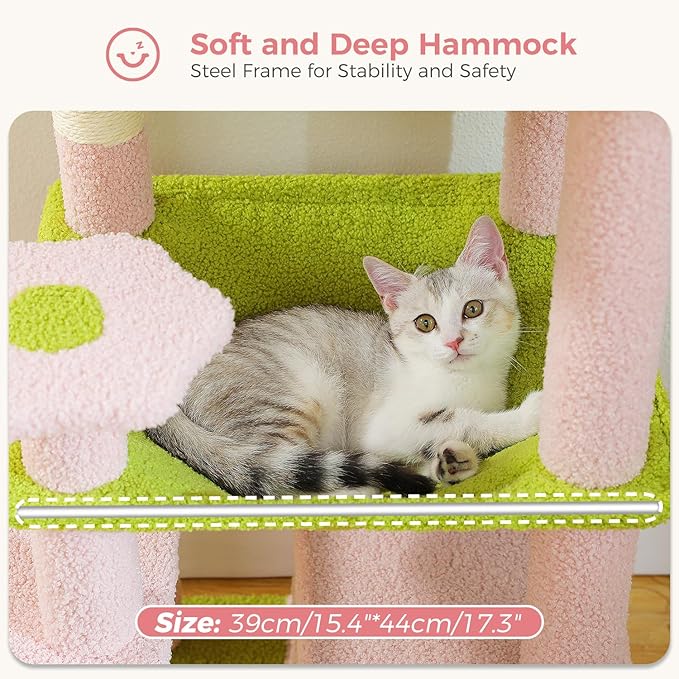 PAWZ Road Cat Tree, 53.5 Inches Tall Cat Tower with Spacious Hammocks, Condos and Scratching Posts, Cat House with Dual Padded Perches for Indoor Large Cats-Pink-Mewly Pet