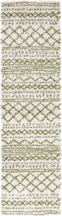 SAFAVIEH Arizona Shag Collection Area Rug - 2'3" x 12' Runner, Ivory & Green, Non-Shedding & Easy Cleaning, Plush Thick Pile, Ideal for Living Room, Bedroom, Dining Space (ASG741Y)