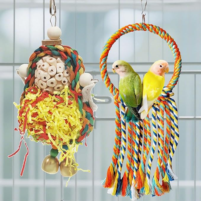 Bird Hoop Swing and Parakeet Toys,Natural Sola Balls and Shredding Hanging Toy,Birds Rope Swing,Suitable Small and Medium-Sized Parrots Toys,Birds Toy for Cockatiels,Conures,Lovebird-Mewly Pet