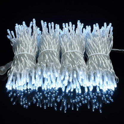 YULETIME 100 ft 300 Count Cool White LED String Lights with 8 Models Adapter, Clear Wire Wide Angle 5mm Christmas Lights (Cool White - Multimode)