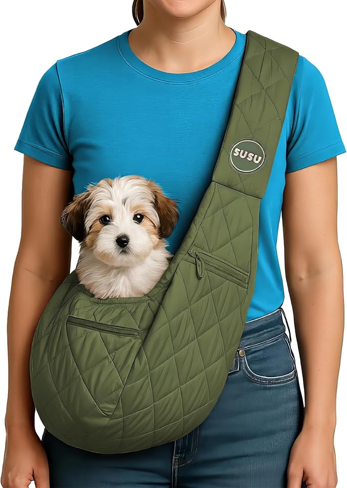 Small Dog Carrier Sling – Olive Green Hands‑Free 2‑in‑1 Sling & Handheld Carrier for Dogs up to 10 lbs, Parachute‑Grade Rip‑Stop Nylon, 4″ Padded Strap, Safety Tether & Pockets-Mewly Pet