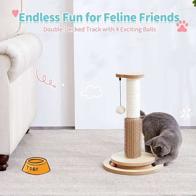 Made4Pets Cat Scratching Post 18" Tall for Small Kittens, 4-in-1 Cat Scratcher with Natural Sisal Ropes, Wooden Turntable Track Toy with Self Grooming Brush, Premium Scratch Pole with Plush Balls-Mewly Pet