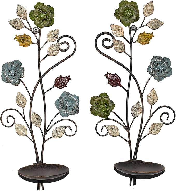 Wall Sconces Candle Holder Set of 2, Antique Color Style Leaf Branch Wall Mount Hanging Metal Wall Candle Holder Candle Sconce for Living Room Dining Room…