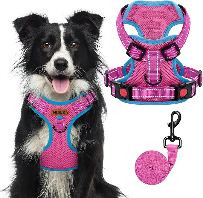 MIDOG No-Pull Dog Harness | Adjustable & Reflective Pet Harness Leash Set for Small Medium Large Dogs Walking, Training| No Choke, Front Clip, Soft Padded Vest with Easy Control Handle - Pink, XL-Mewly Pet