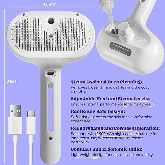 Rechargeable Silicone 3 in 1 Pet Hair Removal Tool - Self Cleaning Steamy Brush for Massage, Shedding & Grooming - Cat & Dog Hair Remover-Mewly Pet