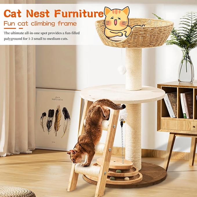 Natural Wood Modern Cat Tree with Top Cats Bed, Unique Cute Cats Furniture Activity Centre with Sisal Rope Scratching Posts, Cats Tower Condo with Interactive Cat Toy Tree-Mewly Pet