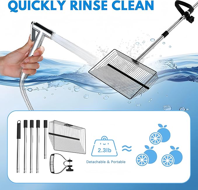 15inch Large Chicken Poop Scooper, 2 Slot Widths (0.16"&0.28"), 39" to 76" Adjustable Stainless Steel Handle, Sifting Litter Shovel for Chicken Coop/Stables/Farm Cleaning(with Effortless Grip)-Mewly Pet