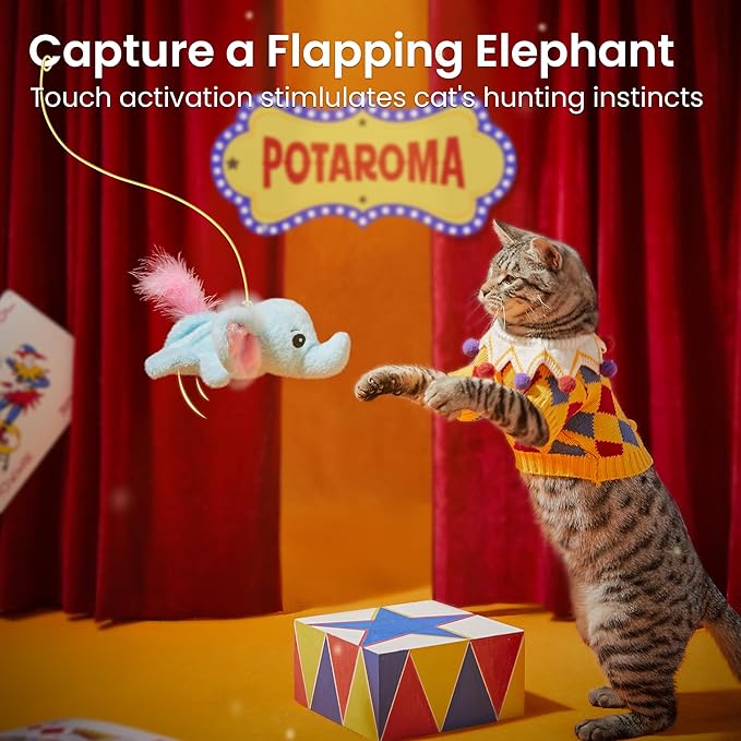 Potaroma Cat Toys Flapping Elephant, Interactive Realistic Kitten Toy Stuffed with Catnip and Crinkle Paper Hangable Design for Bored Indoor Cats 6.3 Inches-Mewly Pet