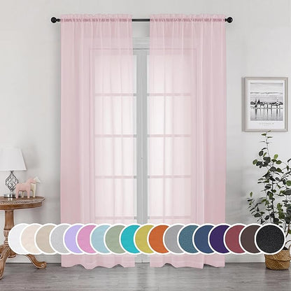 OWEINE Sheer Curtains 90 Inches Long 2 Panels Set, Light Filtering Fimly Voile Solid Blush Window Curtain Panels for Living Room Bedroom, Soft Voile Sheer Curtains & Drapes, Total 84 Inches Width