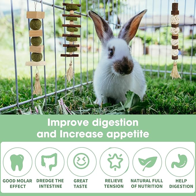 WDEFUN 3 PCS Bunny Chew Toys, Natural Hanging Rabbit Chew Toy Treats for Guinea Pigs Hamsters Gerbils Chinchilla and Other Small Pets for Teeth Grinding-Mewly Pet